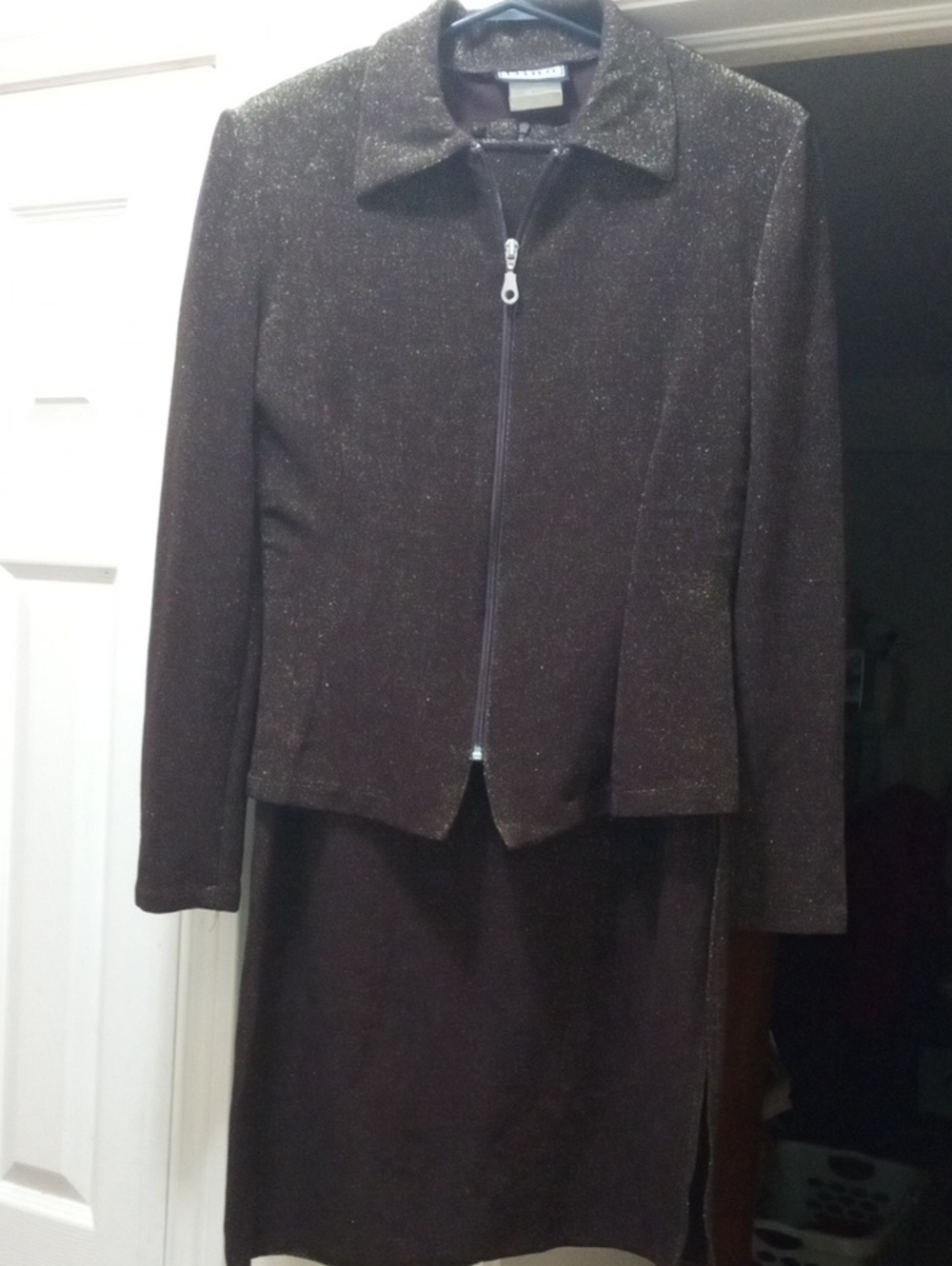 Vintage✔️ Metallic Brown Zip-Front Blazer & Long Skirt Side Slit Very Nice